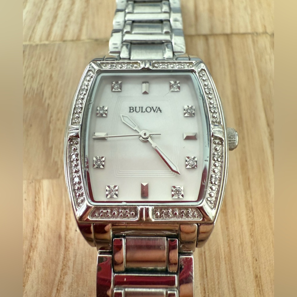 Bulova ladies diamond stainless steel barrel shaped watch NEW BATTERY